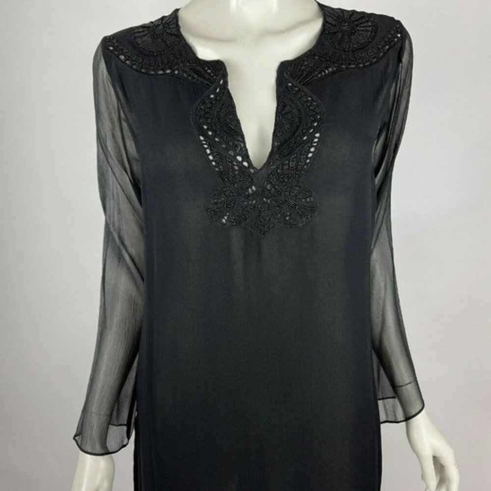 ECI NY Silk Embellished Tunic Top Sheer Lined Long Sleeve Side Slits Women M NWT